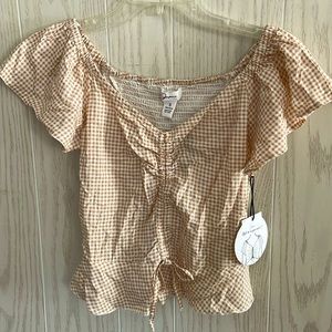 JAPNA crop top size small beige cream gingham short sleeve